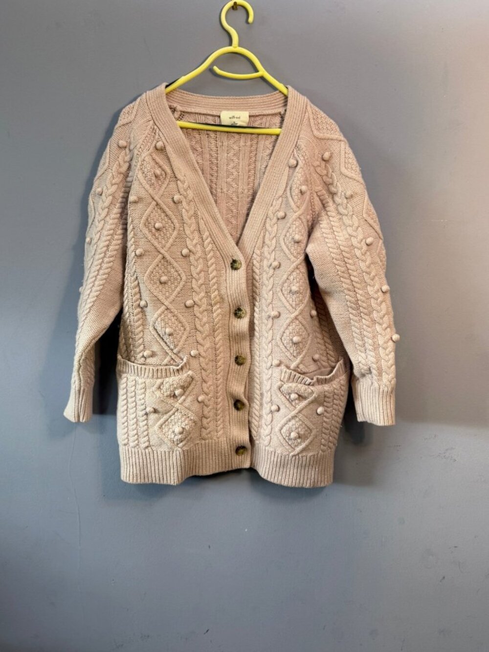 Aritzia Wilfred Alps Cardigan Mauve Purple Cable Knit Pom Pom Wool XL